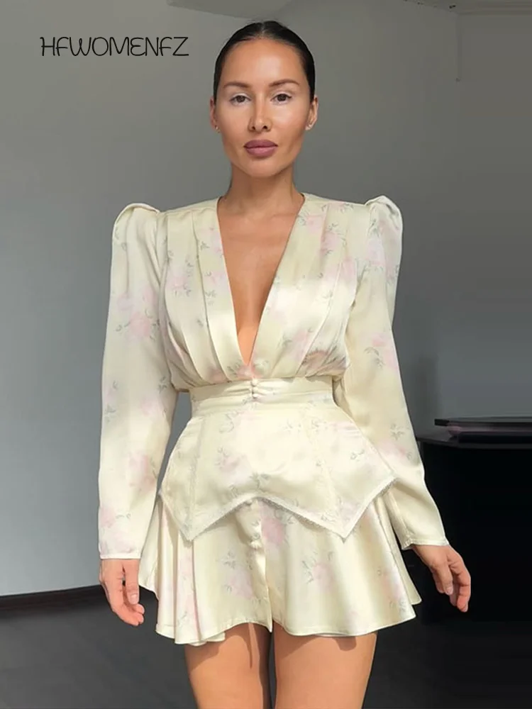 Casual Printed Mini Dress Women Full Sleeve Button V-neck Lady Short Dresses Waist Tape 2026 Spring Summer Female Robe Beach