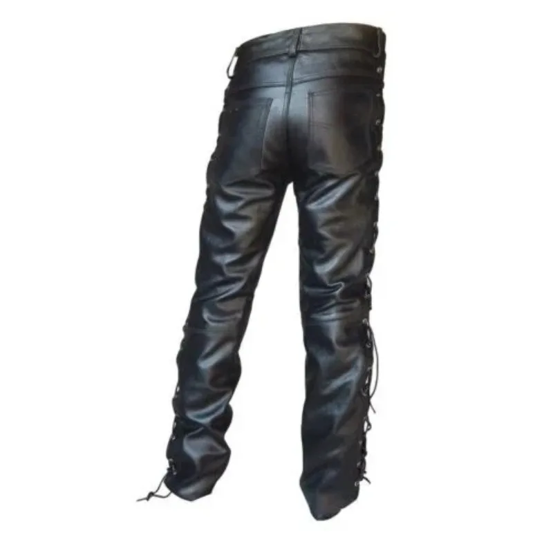 Men's Black Thick Leather Side Laces Up Jeans Style Long Pant Motorcycle Leather Trousers Leather Motorcycle Pants - Image 4