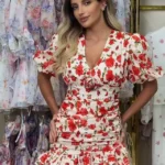 S4e2b198b7b0345ae9053e18eba6a8b8fe.webp White Red Floral Ruched Puff Sleeve Mini Dress V-neck Ruffle Hem 3d Rose Dresses 2026 Summer Lady Party Sweet Date Vestidos New
