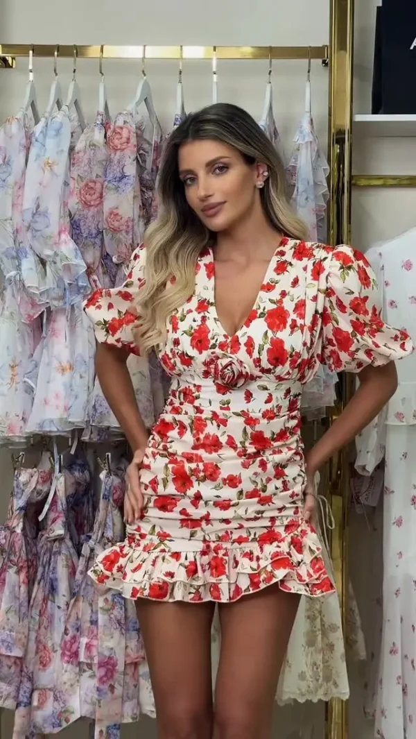 S4e2b198b7b0345ae9053e18eba6a8b8fe.webp White Red Floral Ruched Puff Sleeve Mini Dress V-neck Ruffle Hem 3d Rose Dresses 2026 Summer Lady Party Sweet Date Vestidos New