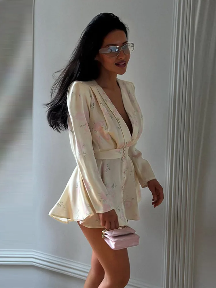 Casual Printed Mini Dress Women Full Sleeve Button V-neck Lady Short Dresses Waist Tape 2026 Spring Summer Female Robe Beach - Image 6