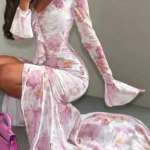 Women Chic Pink Floral Print Maxi Vestido Elegant V Neck Ruffle Trim Flare Sleeve Ruched High Chiffon Dress 2026 Party Outfit