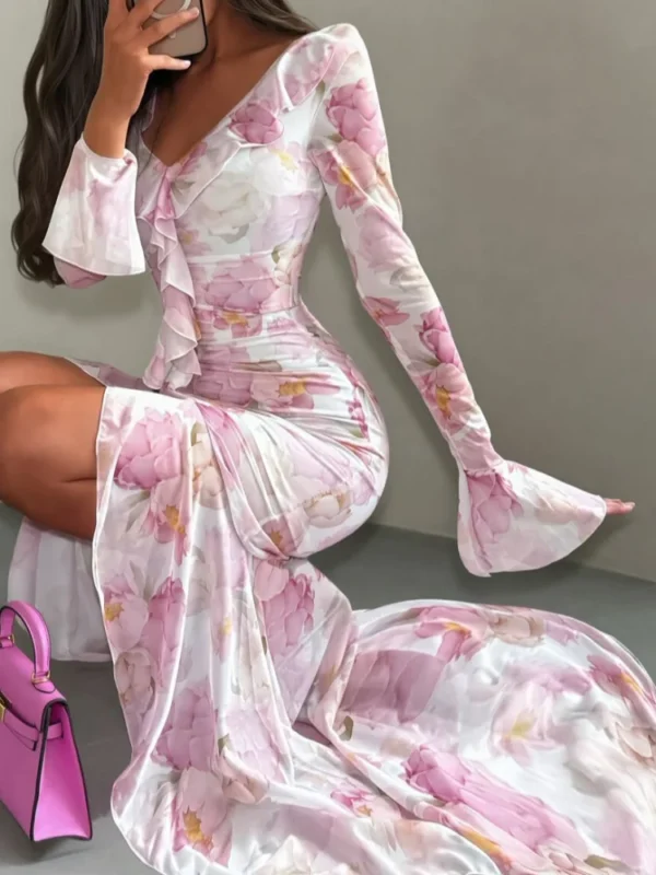 Women Chic Pink Floral Print Maxi Vestido Elegant V Neck Ruffle Trim Flare Sleeve Ruched High Chiffon Dress 2026 Party Outfit