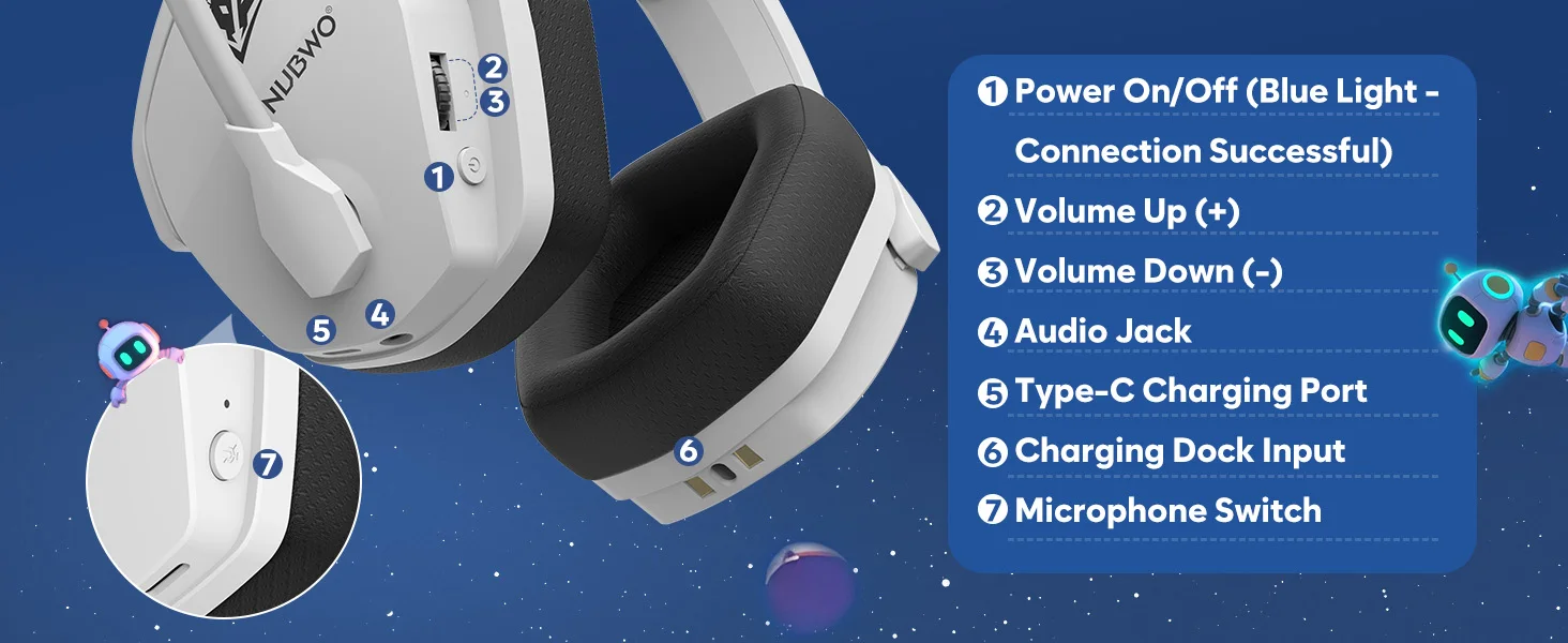NUBWO G06 Wireless Headsets Gamer with Charging Station for Headset and PS5 Controller Gaming Headphones Long Battery Life - Image 24