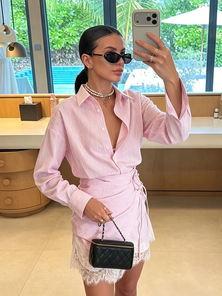 Striped Mini Dress Women Lapel Single Breasted Long Sleeves Lace Patchwork Waistband Robe Female 2026 Summer Beach Vacation Sets - Image 4