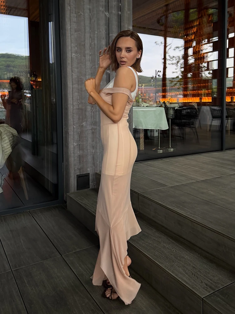 Mesh Overlay Lace Hem Slip Midi Dress Slim Spaghetti Strap Sheer 2026 Summer Elegant Women Bodycon Dress Retro Date Lady Gown - Image 3
