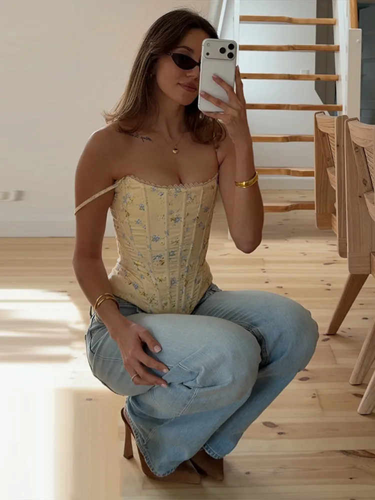 Floral Printed Fish-bone Tank Tops Women's Slim Sleeveless Back Lace-up Waist-cinching Blouses 2026 New Ladies Summer Outfit - Image 2
