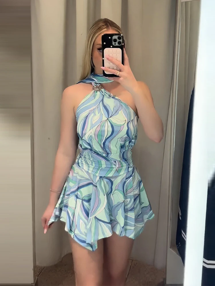 Print Women Dress Backless Mini Dress Halter High Waist Dresses Flared Skirt Hem Waist Shaping Slimming Casual Trendy Street Sty - Image 8