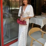Women Chic Pink Floral Print Maxi Vestido Elegant V Neck Ruffle Trim Flare Sleeve Ruched High Chiffon Dress 2026 Party Outfit