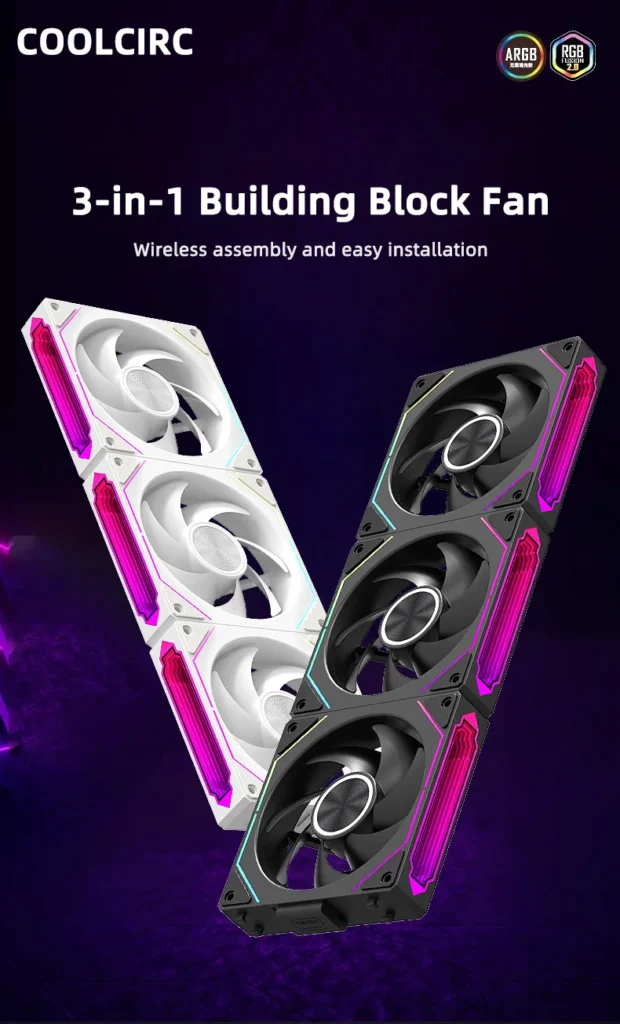 S55019d0892b643f58b4bc625a9d9f35e3.webp Coolcirc DL-2 120mm ARGB Cooling Fan Modular Wireless Stackable Splicing 800-2000RPM PWM Silent for Gaming PC Case Water Cooler