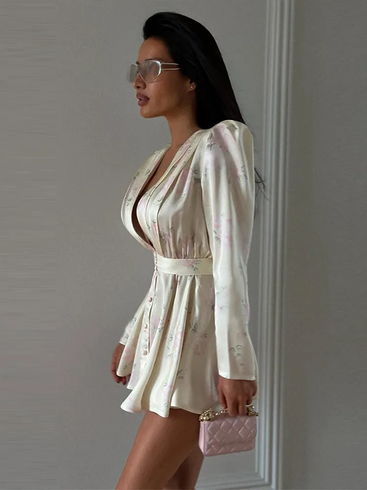 Casual Printed Mini Dress Women Full Sleeve Button V-neck Lady Short Dresses Waist Tape 2026 Spring Summer Female Robe Beach - Image 4