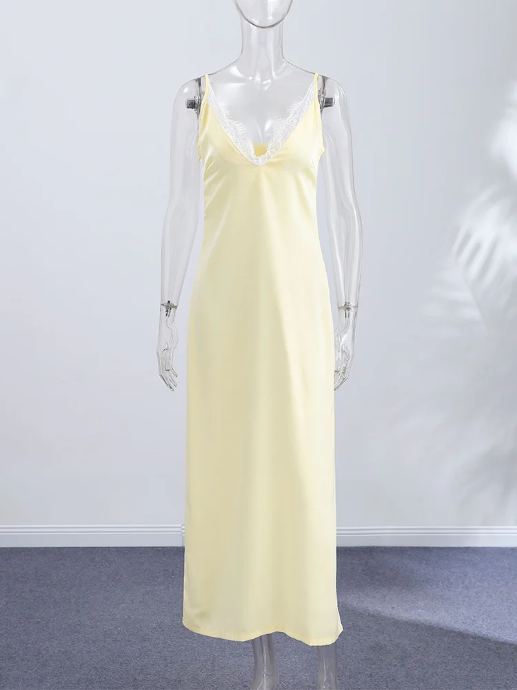 Summer Satin Lace Spliced Long Dress Women V Neck Sleeveless Waist Cinching Strap Dresses 2026 Lady Casual Solid Party Robe - Image 5