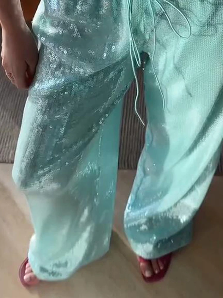 Chic Sequined Women's Trouser Mid-Waist Lace Up Lady Straight Mop Pants 2026 Summer Autumn Fashion Female Bottoms Vacation - Image 3