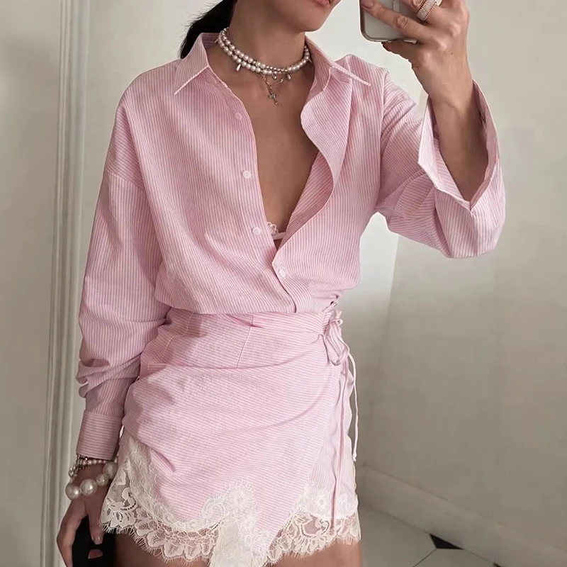 Striped Mini Dress Women Lapel Single Breasted Long Sleeves Lace Patchwork Waistband Robe Female 2026 Summer Beach Vacation Sets - Image 8