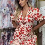 S5a345accfd1a4d2daf2e954d1b3e4eecM.webp White Red Floral Ruched Puff Sleeve Mini Dress V-neck Ruffle Hem 3d Rose Dresses 2026 Summer Lady Party Sweet Date Vestidos New