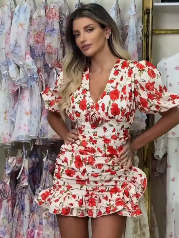S5a345accfd1a4d2daf2e954d1b3e4eecM.webp White Red Floral Ruched Puff Sleeve Mini Dress V-neck Ruffle Hem 3d Rose Dresses 2026 Summer Lady Party Sweet Date Vestidos New