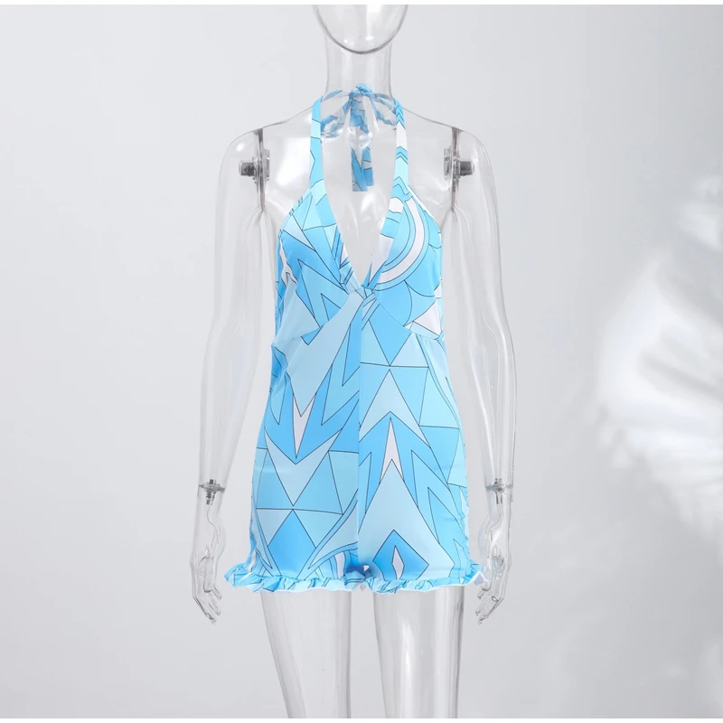 Print Women Dress Backless Mini Dress Halter High Waist Dresses Flared Skirt Hem Waist Shaping Slimming Casual Trendy Street Sty - Image 4