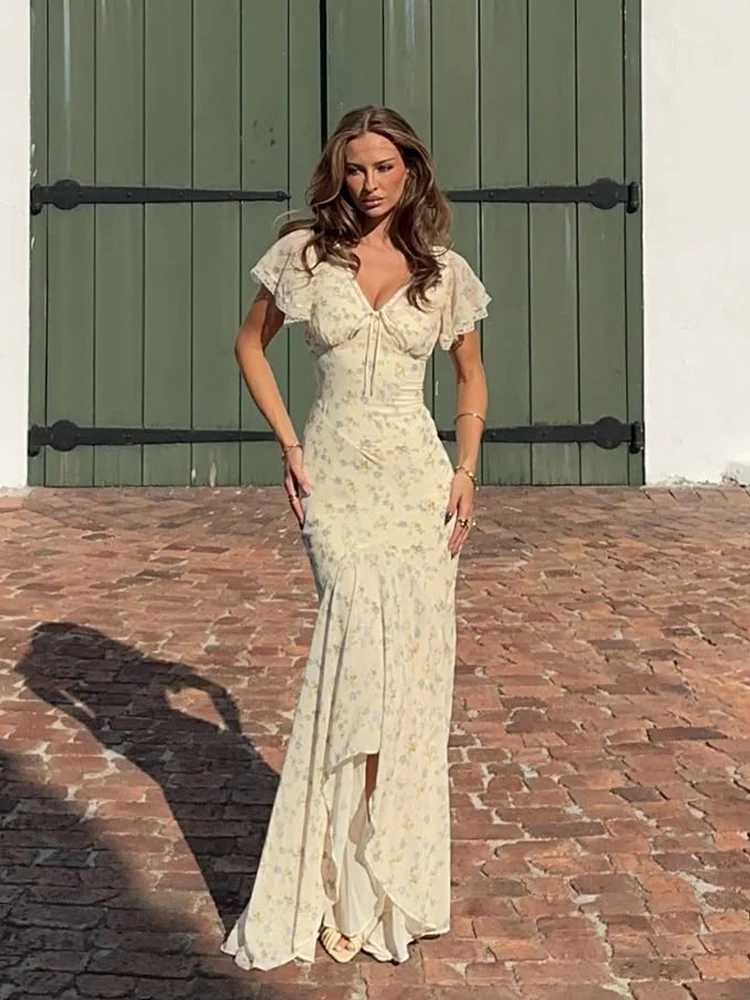 Organza Floral Printed Maxi Dress Women V Neck High Split Puff Sleeve Waist Cinching Ruffle Long Dresses Vacation Summer Outfits - Image 11