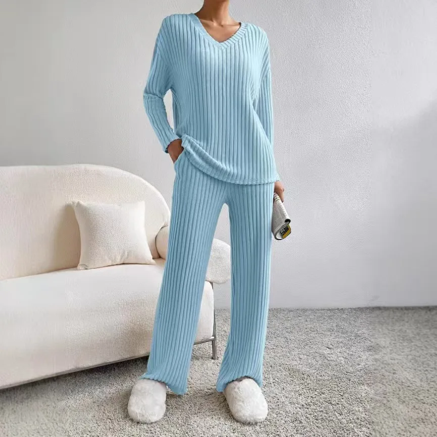 Fashionable Knitted Two-Piece Set Casual V-Neck Long Pants Autumn Winter New Style Loose Fit Korean Style Comfortable Polyester - Image 2
