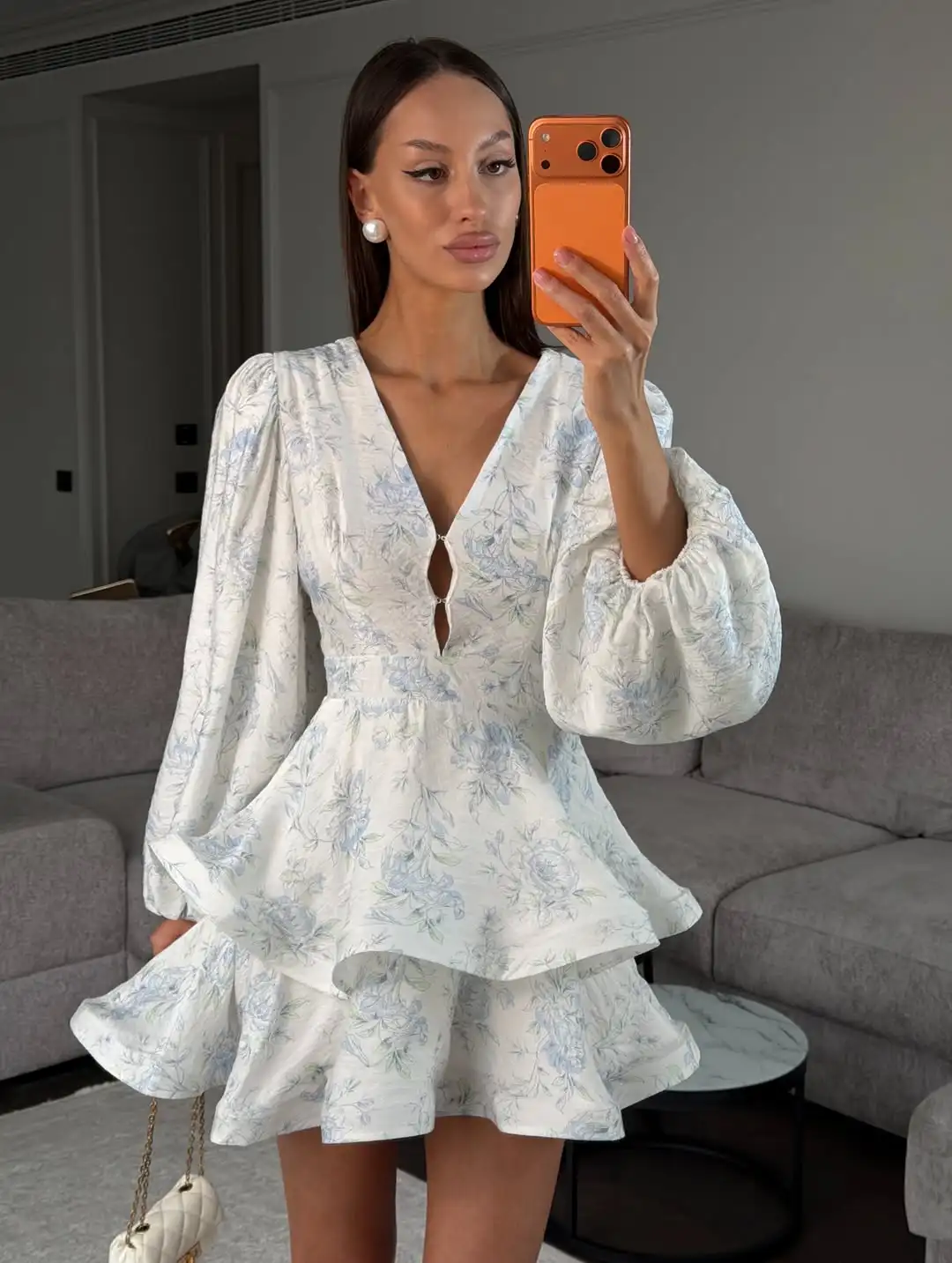 Elegant Floral Printed Waist-cinched Mini Dress Women Pleated Deep V-neck Long Sleeve Button-front Dresses Fashion Party Robe - Image 8