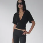 S6585144e86094b93bdfaaf0a779d0a40r.webp Women's Lace Patchwork Deep V Neck Tie Up Slim Fit Half Sleeve T-Shirt Crop Top