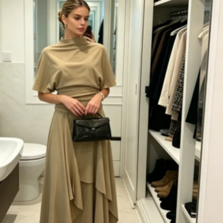 Women Camel Draped Two Piece Set Elegant Mock Neck Ruched Waist Top Asymmetric Midi Skirt 2026 Casual Daily Date Office Outfit