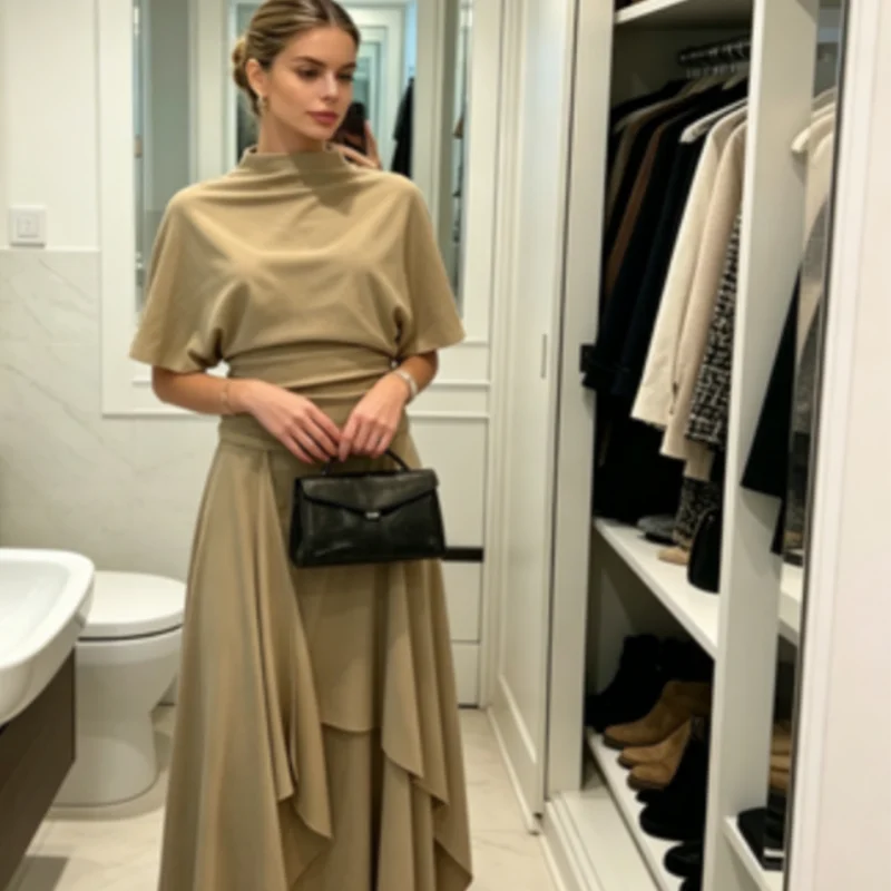 Women Camel Draped Two Piece Set Elegant Mock Neck Ruched Waist Top Asymmetric Midi Skirt 2026 Casual Daily Date Office Outfit