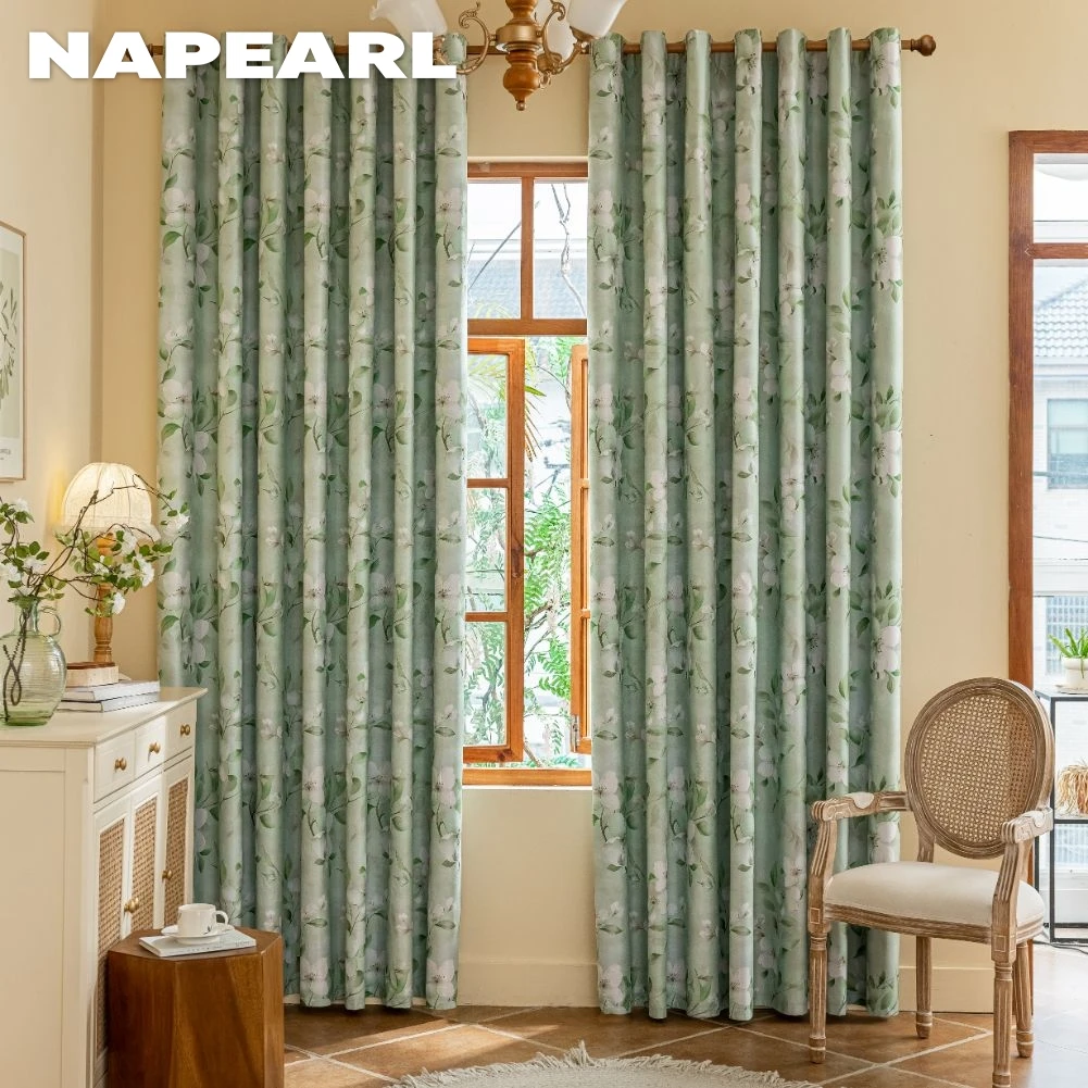 1PC European Style 100% Blackout Curtain for Bedroom Living Room Green Leaf Flower Printed Window Drapes Summer Curtains