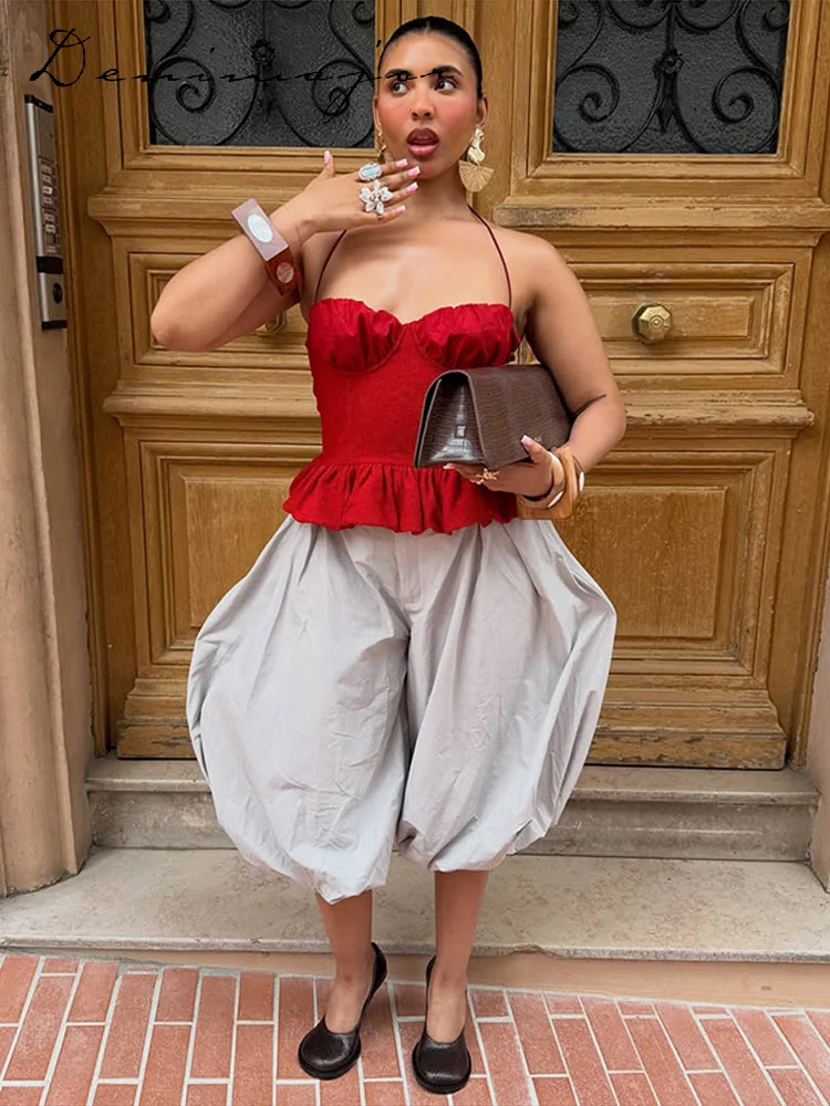 Fashion Red Ruffle Hem Sling Top Women's Sleeveless Lace Up Slim Blouse 2026 Summer New Lady Casual Beach Vacation Cami - Image 5