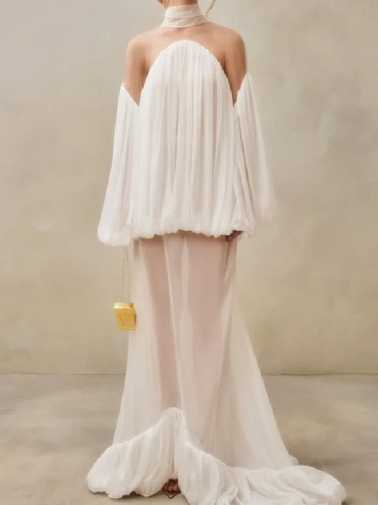 Trendy White Chiffon Off-shoulder Halter Maxi Dress Suit Chic Sheer Mesh Long Sleeve Flowy Vestidos 2026 New Formal Evening Gown - Image 6