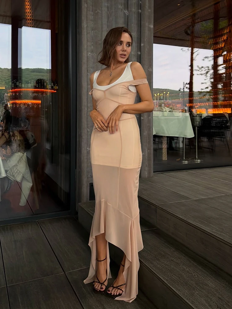 Mesh Overlay Lace Hem Slip Midi Dress Slim Spaghetti Strap Sheer 2026 Summer Elegant Women Bodycon Dress Retro Date Lady Gown