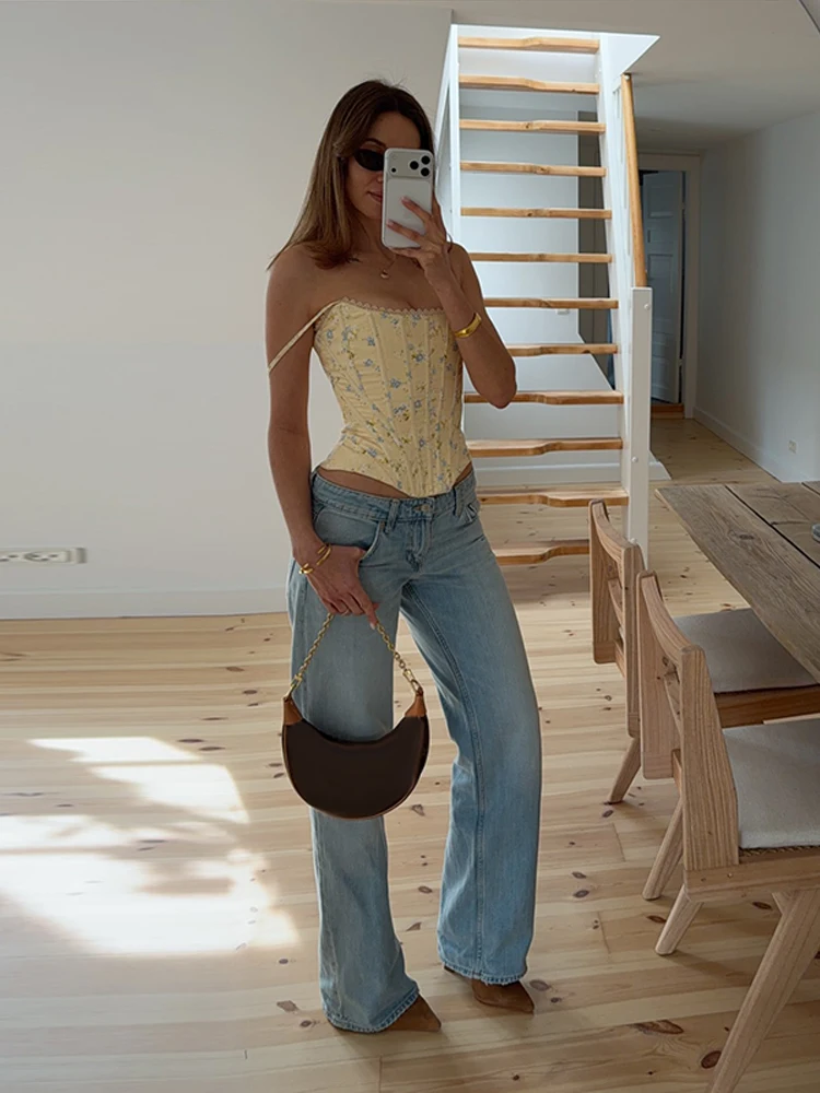 Floral Printed Fish-bone Tank Tops Women's Slim Sleeveless Back Lace-up Waist-cinching Blouses 2026 New Ladies Summer Outfit - Image 3