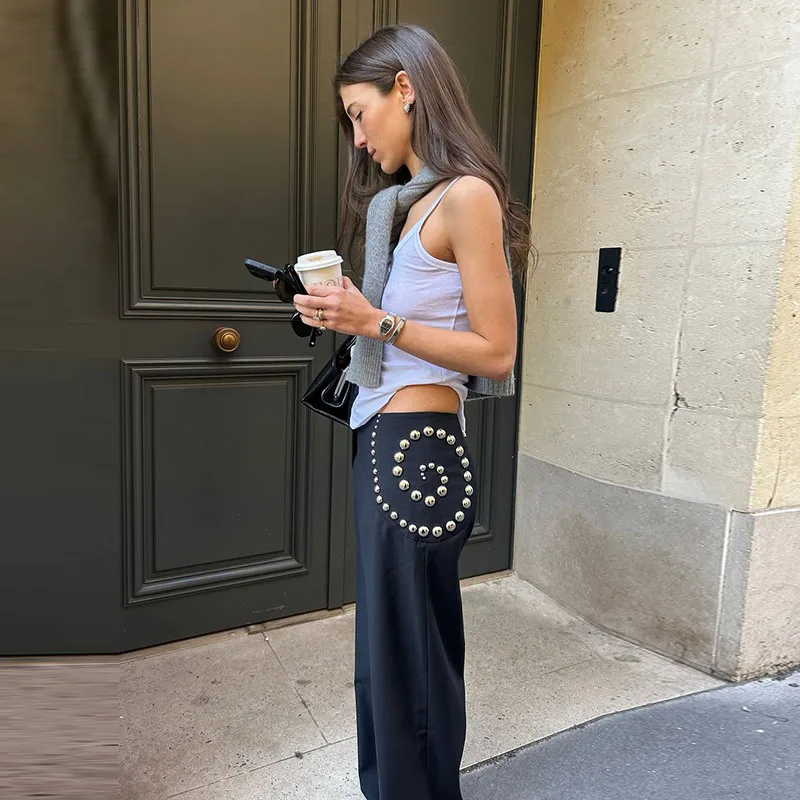 Studs Women Pants Solid Color Pants with Spiral Arranged Studs High Waist Straight Leg Pants Stylish Ladies Outfit Street Style - Image 7