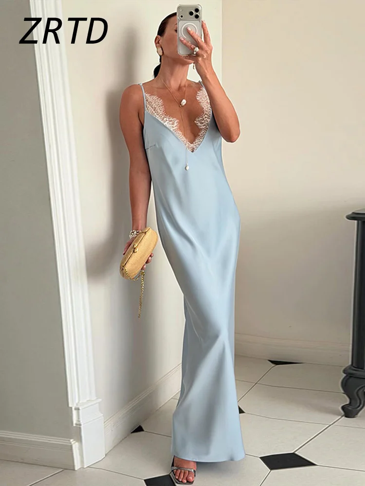 Elegant Lace Satin Spliced Women's Summer Dress Loose V-neck Sleeveless Backless Long Sundress 2026 Lady Chic Beach Party Robes