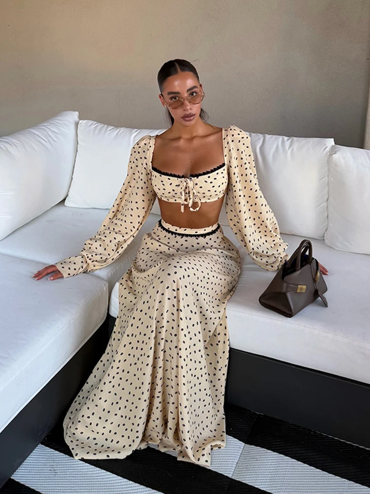 Fashion Women's Polka Dot Long Skirt Set Square Neck Lantern Sleeve Lace Crop Top High Waist A-line Skirts 2026 Summer Lady Suit - Image 5