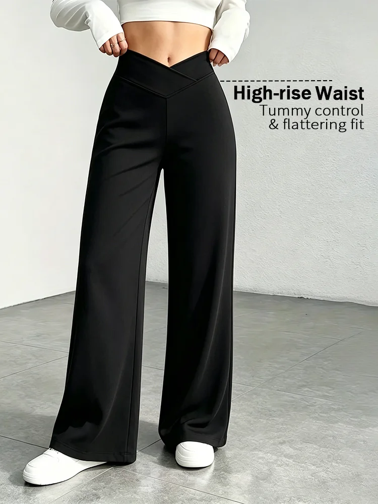 Lady's Black Cross-Waist Wide-Leg Pants, High-Waisted Abdominal-Reducing Casual Yoga Pants, Medium Stretch, Straight-Leg Style - Image 2