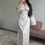 Women Chic Pink Floral Print Maxi Vestido Elegant V Neck Ruffle Trim Flare Sleeve Ruched High Chiffon Dress 2026 Party Outfit