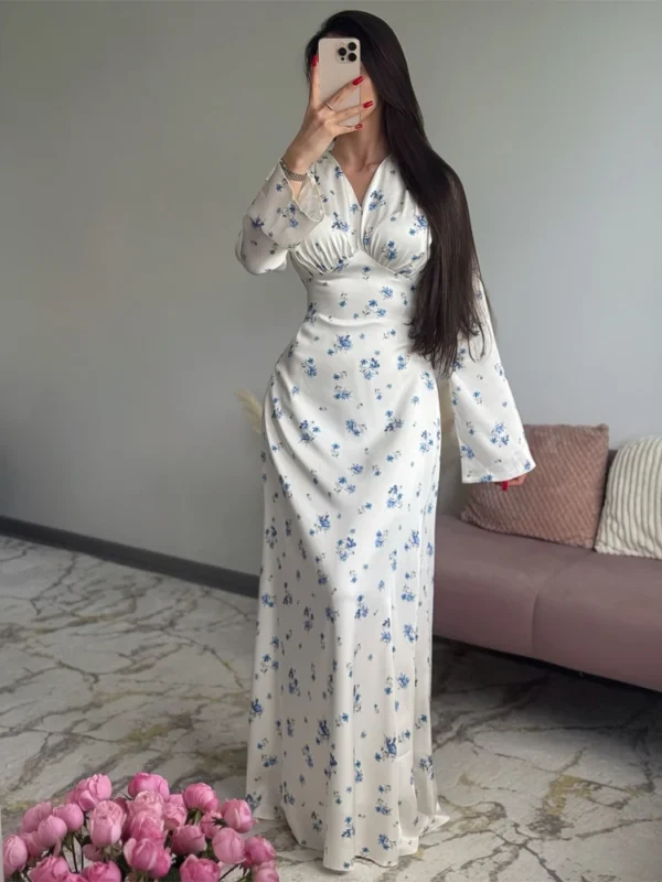 Women Chic Pink Floral Print Maxi Vestido Elegant V Neck Ruffle Trim Flare Sleeve Ruched High Chiffon Dress 2026 Party Outfit