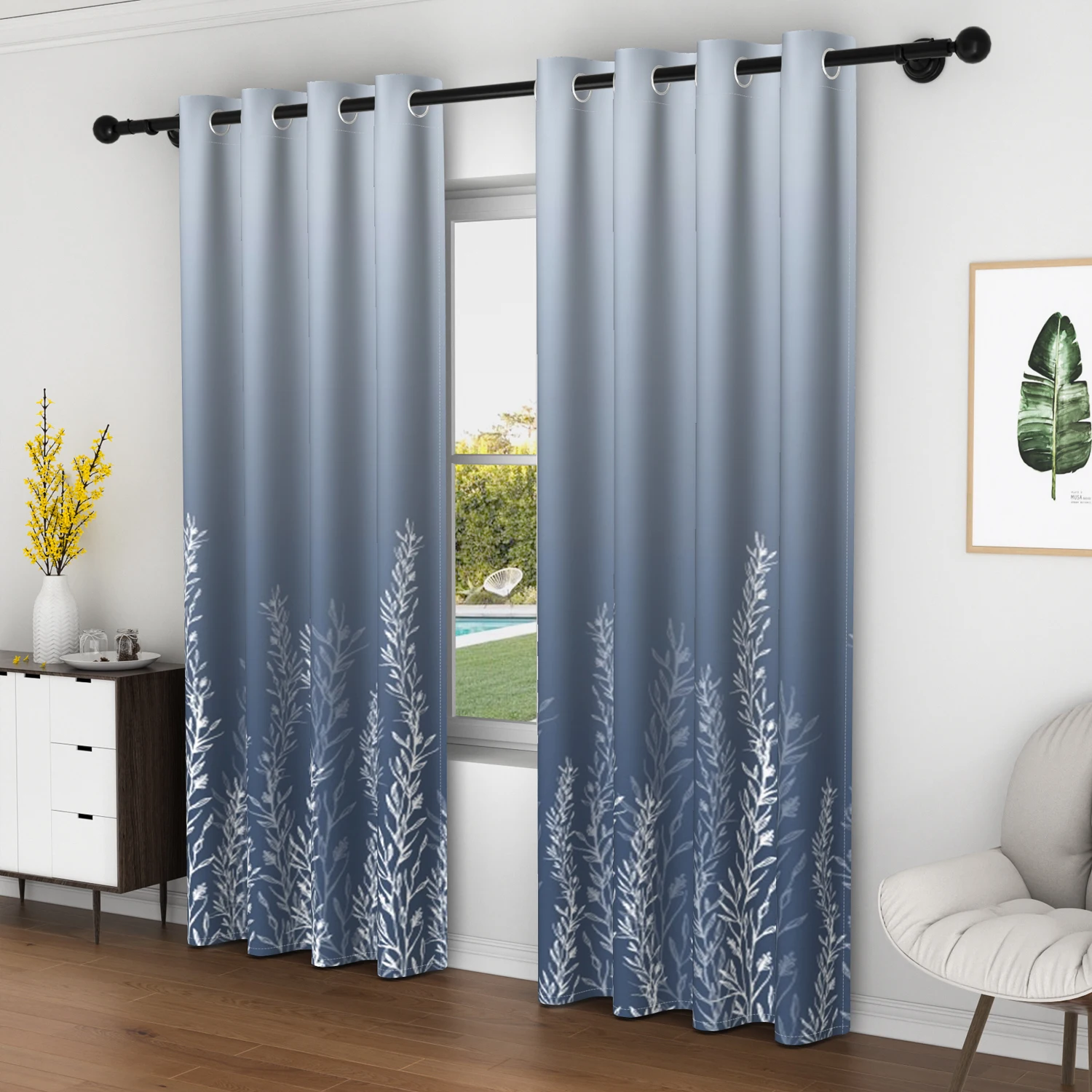 2pcs/set Solid Color Gradient Window curtains Bottom Leaf Print Thermal Insulated Polyester Bedroom Living Room Blackout Curtain - Image 2