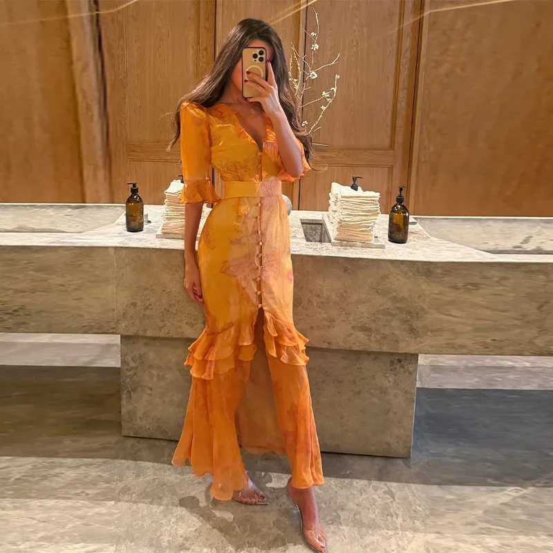 Organza Floral Printed Maxi Dress Women V Neck High Split Puff Sleeve Waist Cinching Ruffle Long Dresses Vacation Summer Outfits - Image 18