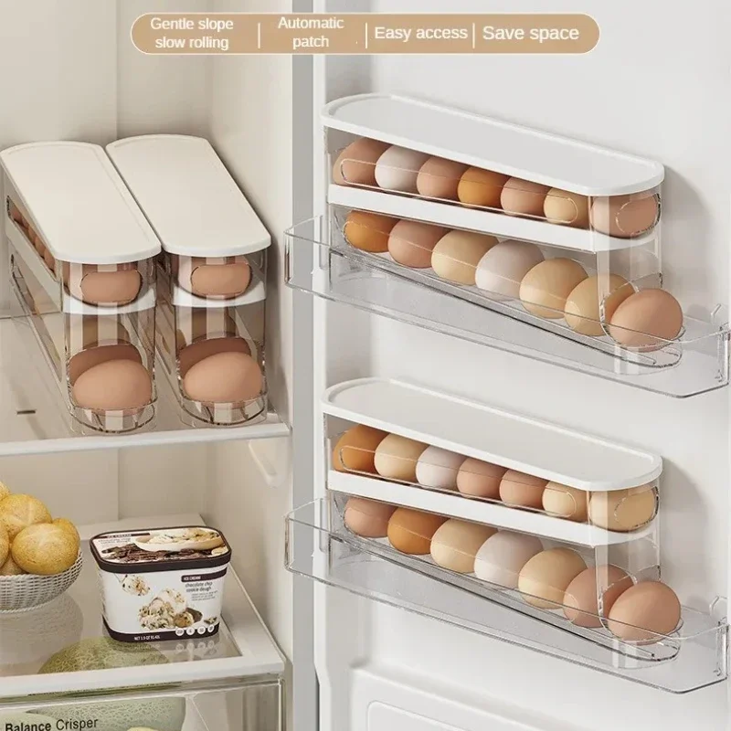 Bilayer Fridge Egg Storage Box Ladder Style Automatic Rolling Egg Holder Rack Refrigerator Dispenser Egg Organizer - Image 3