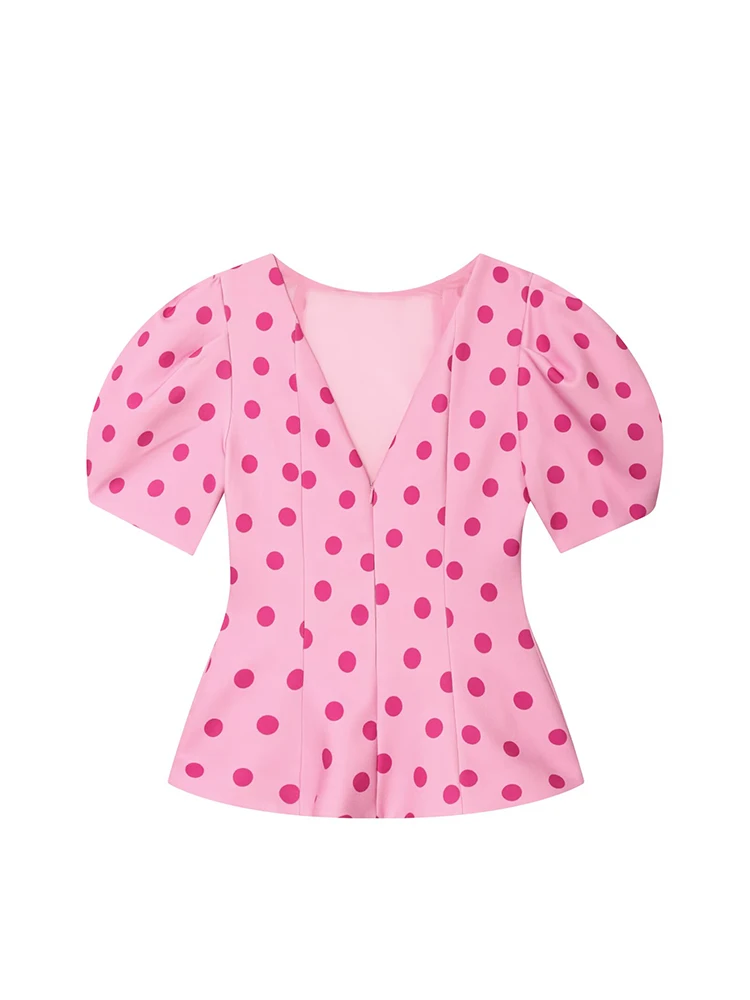 TFMLN Women's Sweet Blouse 2026 Street Chic O Neck Tee Female Summer Casual Vintage Polka Dot Puff Short Sleeve Tops New - Image 5