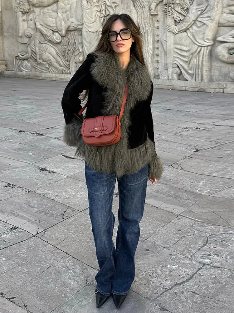 Vintage Patchwork Women's Faux Fur Trim Coat Urban Lapel Full Sleeve Female Jacket Female 2026 Autumn Winter Lady Streetwear New - Image 3