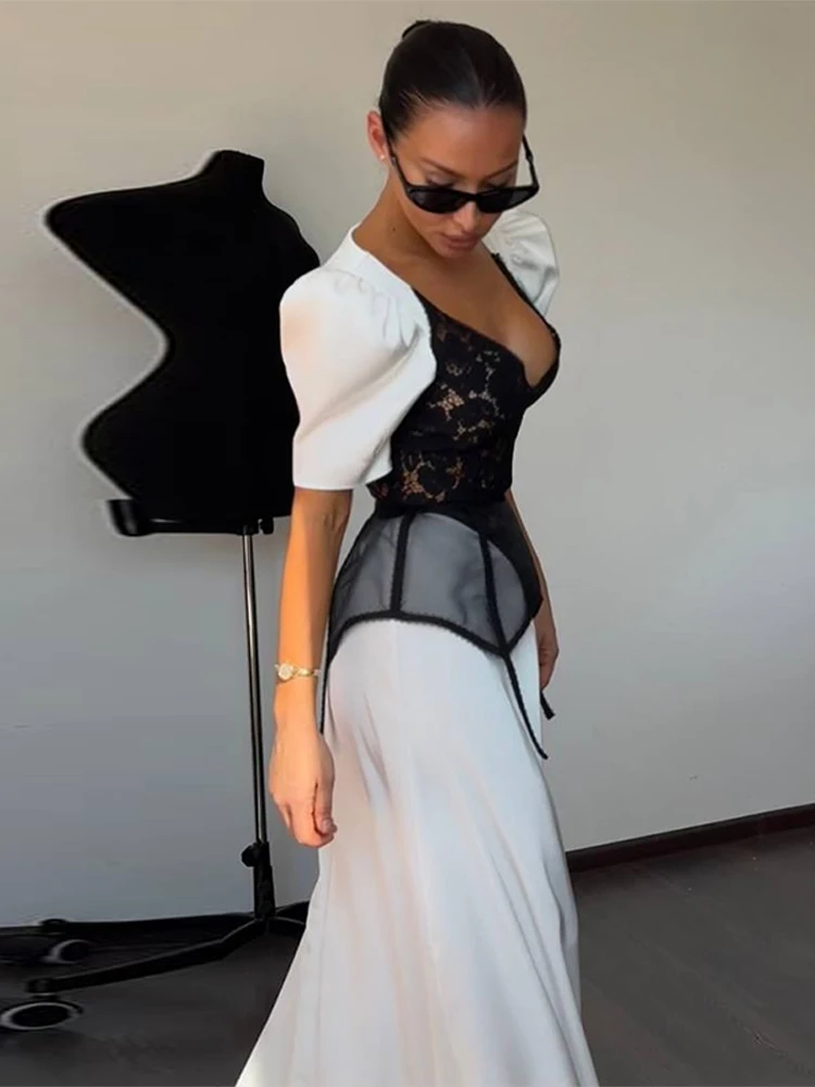 Lace Trim Satin Peplum Midi Dress Deep V-Neck Puff Sleeve A-Line 2026 Spring Summer Chic Elegant Romantic Women Cocktail Dress - Image 3