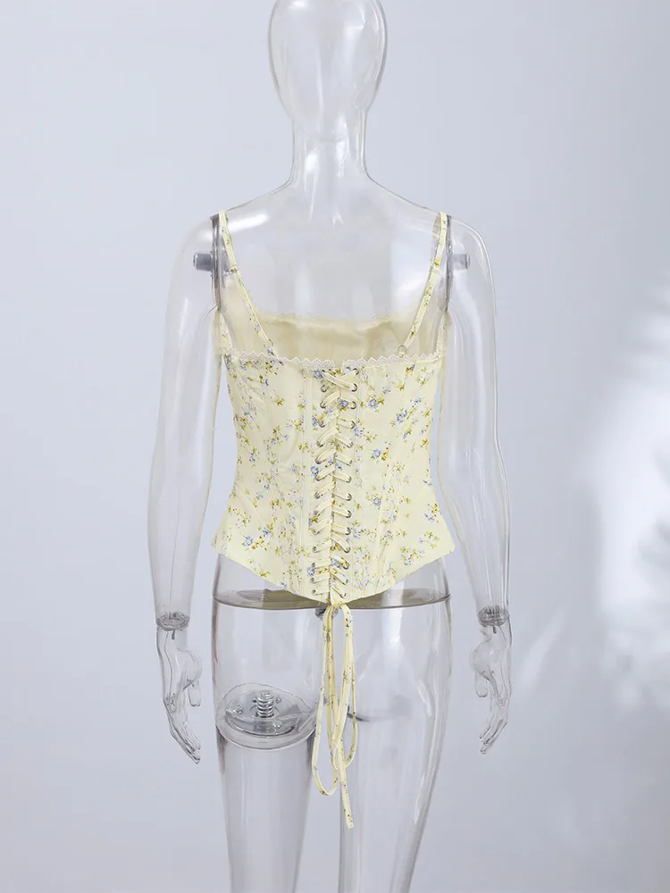 Floral Printed Fish-bone Tank Tops Women's Slim Sleeveless Back Lace-up Waist-cinching Blouses 2026 New Ladies Summer Outfit - Image 6