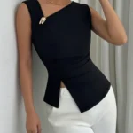 S760b48c6950a441789981d1ab8077fe4m.webp Womens Tank Top Asymmetric Ruched Split Decor Tank Top Ruched Blouse Fitted Elegant Chic Apparel Tops Spring Summer Daily Shirts