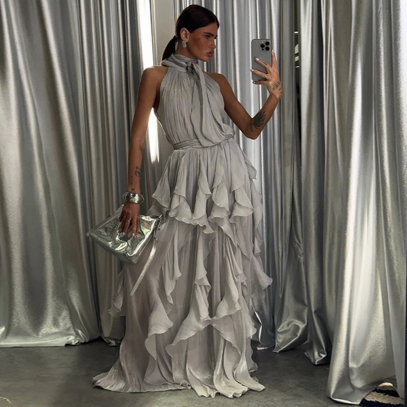 Sexy Cascading Ruffle Pleated Women Long Dress Fashion Lace Up Sleeveless Empire Female Dresses 2026 Spring Summer Lady Robe New - Image 9