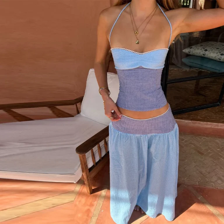 S78b5dffd27e34696b19eeba2177970ddx.webp Chic Striped Women's Vest Pant Suits Sleeveless Slim Halter Top Wide Leg Pants Lady Set 2026 Summer Vacation 2 Piece Set Women