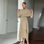 S79e364beddb544dc96f8531a8955a14bq.webp Women Camel Draped Two Piece Set Elegant Mock Neck Ruched Waist Top Asymmetric Midi Skirt 2026 Casual Daily Date Office Outfit