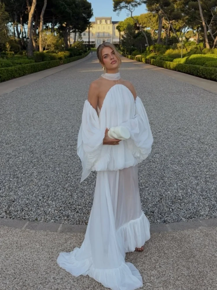 Trendy White Chiffon Off-shoulder Halter Maxi Dress Suit Chic Sheer Mesh Long Sleeve Flowy Vestidos 2026 New Formal Evening Gown - Image 3